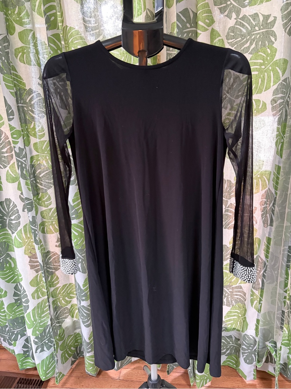 Black Long-Sleeve Mesh-Sleeve Dress with Embellished Cuffs